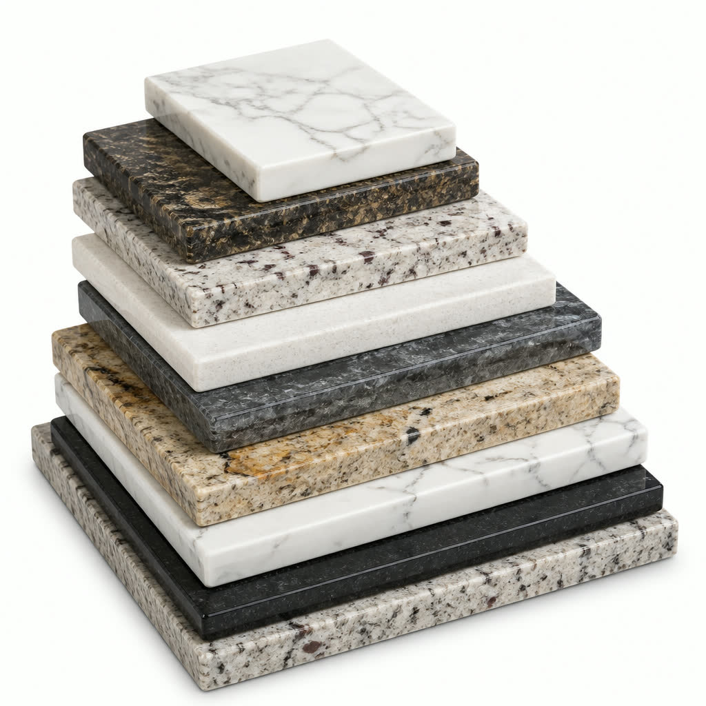 Granite and quartz countertop remnants displayed in the Seattle Vegas Granite showroom in Auburn, WA