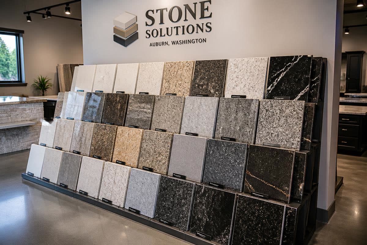 Countertop remnant pieces stored upright in the Auburn showroom