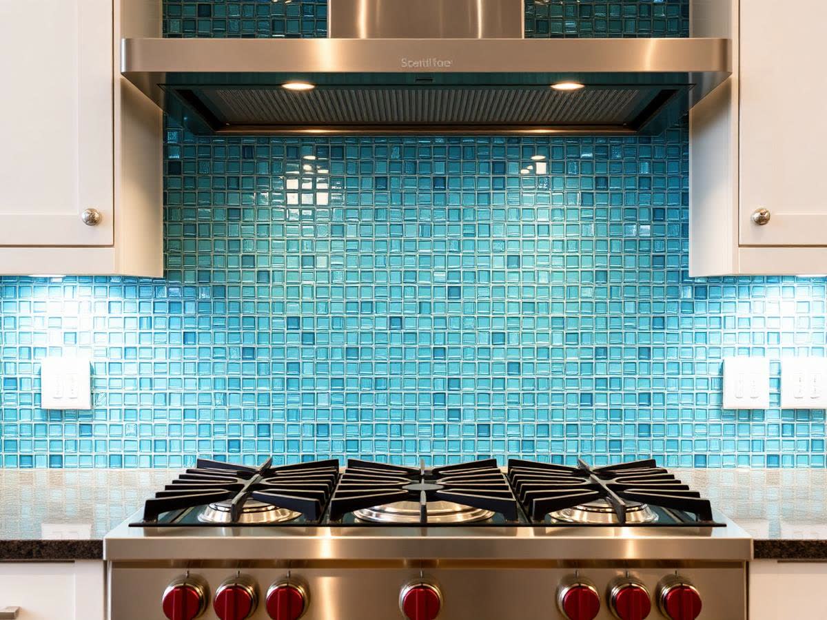 Glass and metal mosaic kitchen backsplash behind a range